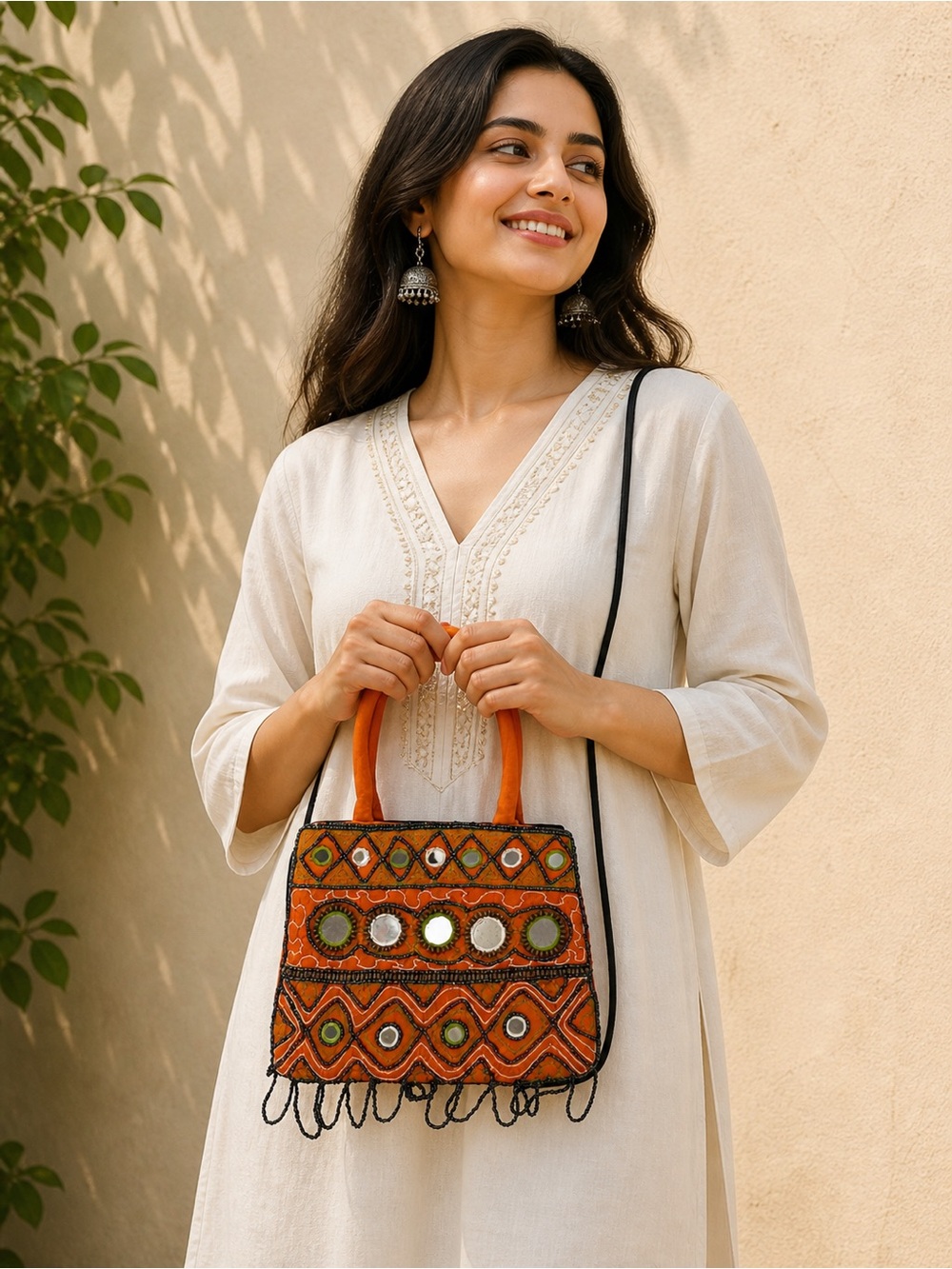 Hand Crafted Orange Embroidered Mini Bag with Mirrors